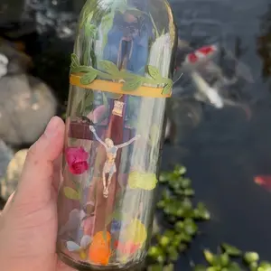 Religious Glass Bottle Decor, Jesus on the Cross  with Flowers and Butterflies for Home Decorations