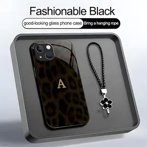 Luxury Leopard Print Phone Case with Lanyard Gold Initial Letter A-Z Cover for iPhone 14 Plus --975