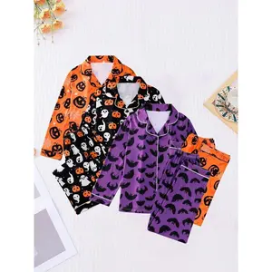 Women's Halloween themed pumpkin lanterns, ghost bats, and other printed long sleeved pants pajamas with lapel buttons, suitable for family leisure, comfort, and holiday sleepwear sets