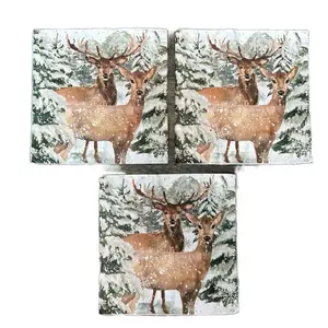 Decoupage paper napkins. Deer in snowy forest print.