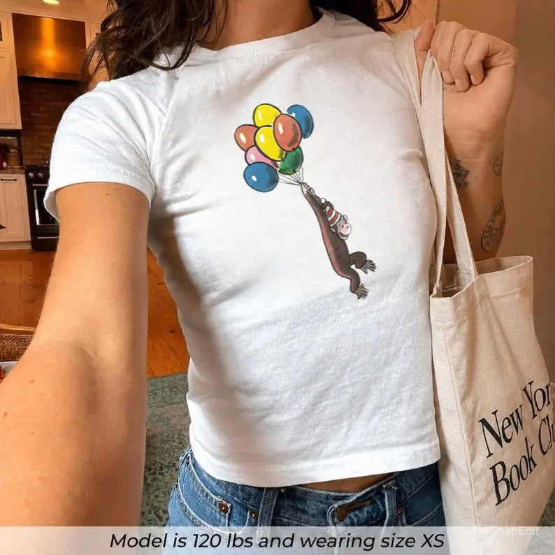 Curious George Baby Tee Y2k, vintage cartoons, balloons, Pinterest, 90s style Sweater, comics, soft girl, ahs style, nostalgia, streetwear