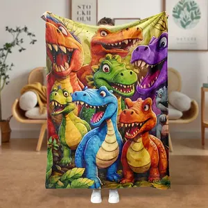 Flannel Blanket-Cartoon Colorful Dinosaur Pattern Soft Cozy Blankets For Bed, Sofa, Couch, Travel, Camping, Queen Blanket, Blanket For Family, Friends, Father, Mother, Halloween, Birthday, Warm And Cozy For All Seasons - Gift For Him/ Her
