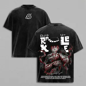 Rock Lee Naruto Anime Vintage Washed Heavy Cotton Oversized T Shirt Hoodie Double Printed Retro Manga Unisex Streetwear Graphic Top Taijutsu Fighter Multi Color Merch Men Georgia Outfit Lemon Demon Logo Print Gift