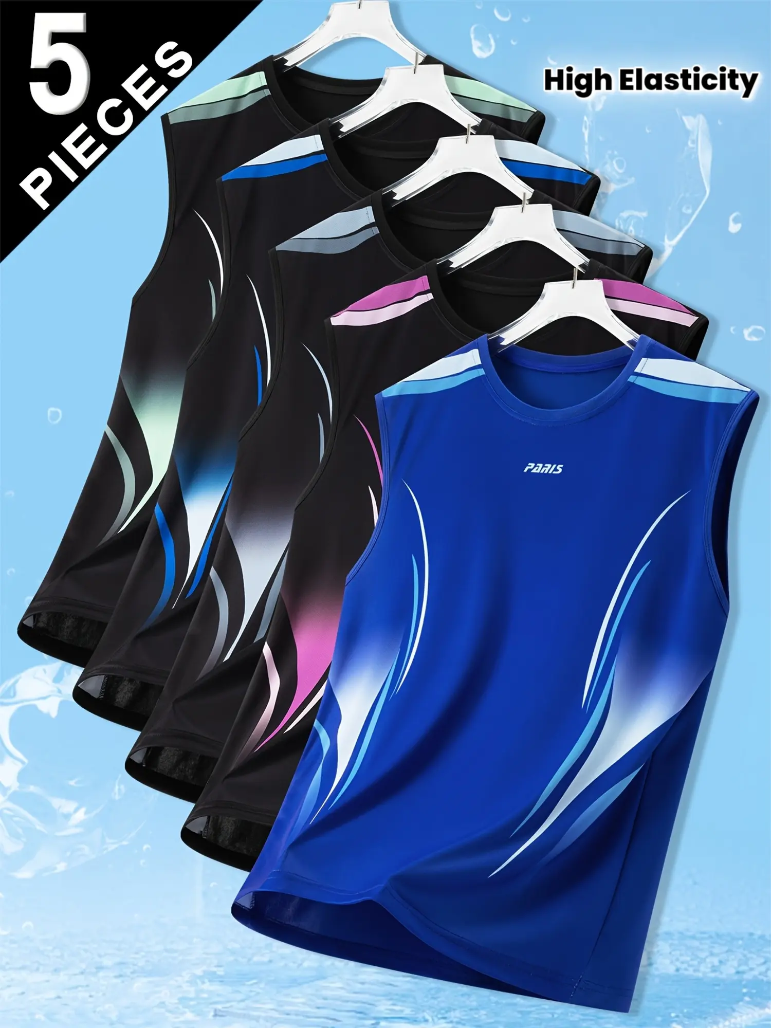 Men’s breathable fashion tank top pack of 5, summer sleeveless T-shirt, stylish printed casual athletic pullover, high-stretch quick-dry fabric top, suitable for sports, leisure, training, and fitness