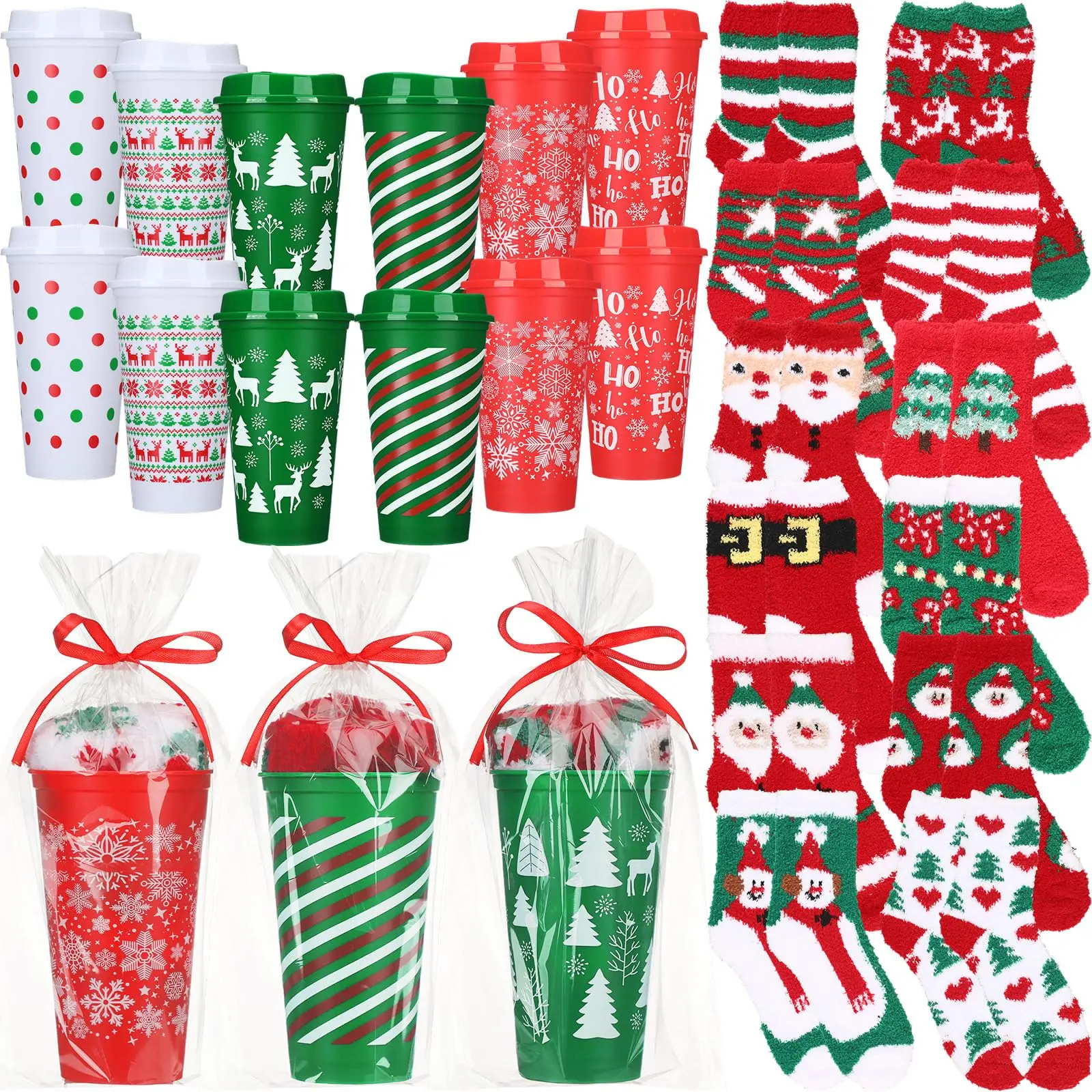 12 Set Christmas Bulk Gifts include 16 oz Christmas Coffee Cup Fuzzy Socks Packaging bags Ribbon Set for Coworkers Family Friends Teacher Women for Burr Basket Ideas Holiday Wrapping Gift