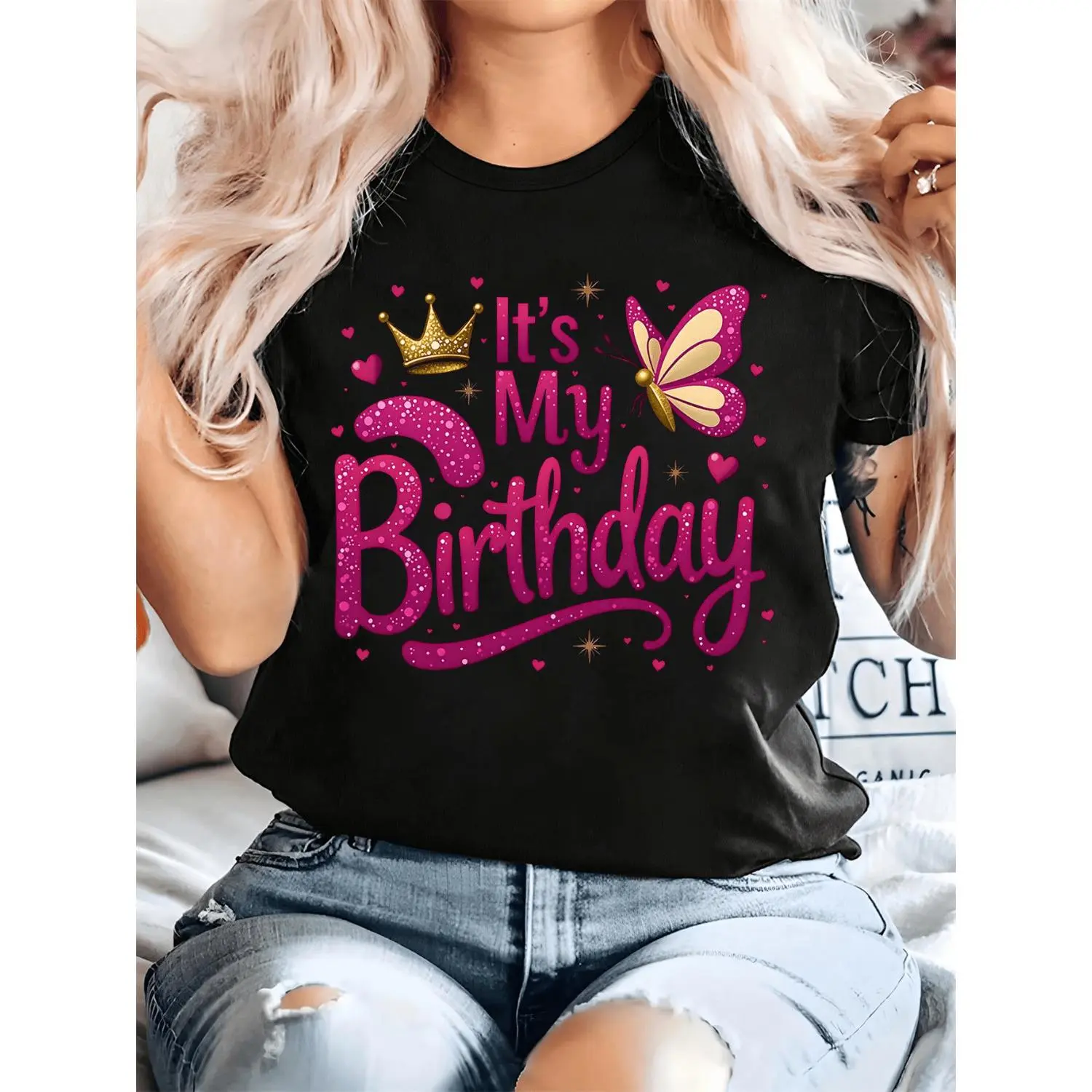 Women's It's My Birthday Sparkly Print T-Shirt - Casual Short Sleeve Crew Neck, Vibrant Pink with Golden Glittery Text & Butterfly Design, Perfect Gift for Birthdays, Casual Wear Tee Glittery Print Top