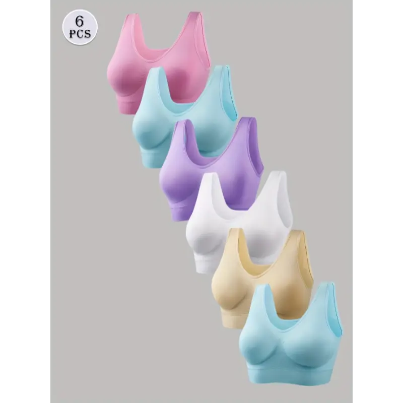 girl sport bra 6pcs Women's Wireless Sports Bras, Comfy & Breathable Nylon Blend, Seamless Running & Workout Tank Bras, Machine Washable, Solid Colors, Sports Lingerie|Wireless Comfort|Nylon Blend Fabric