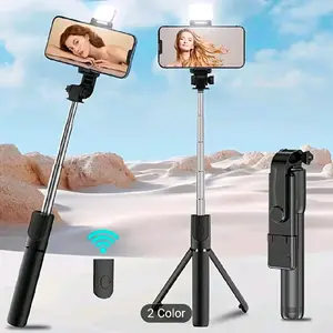 Scalable Phone Selfie Stick with Built-in Fill Light Telescopic Tripod Wireless Remote 360° Rotating for Hiking Travel Vlog Outdoor Use