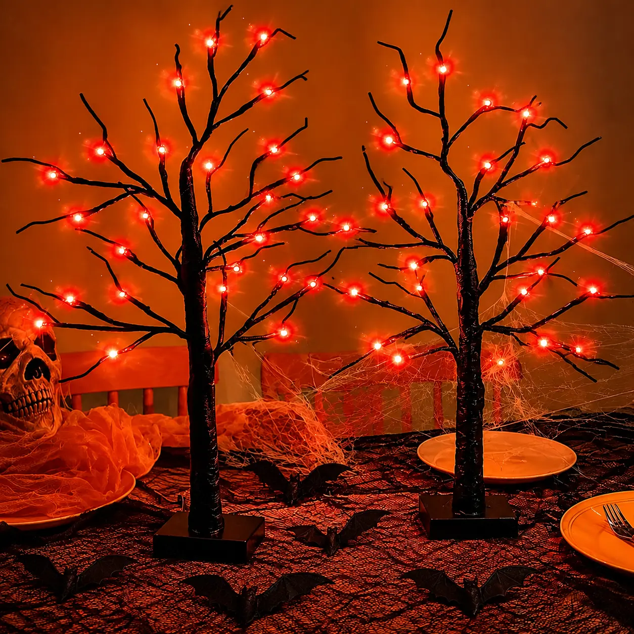 2-Piece Set Halloween Tree Lights, 24 Inch Lighted Halloween Tree Decorations with 24 LED Orange or Purple Glow Options, USB & Battery Powered Tabletop Tree Decor, Spooky Haunted House Halloween Decorations for Mantel, Home & Halloween Party