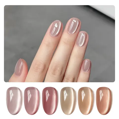 GAOY Pink Cat Eye Gel Nail Polish Set, 6 Colors, Pale Rose | Nude Pink Brown Colors, Magnetic Glitter Glassy Holographic Gel Nail Polish Set, UV/LED Cure Required, DIY Manicure at Home