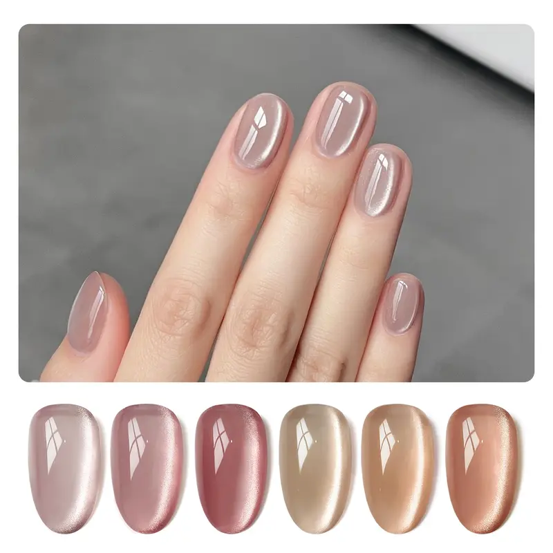 GAOY Pink Cat Eye Gel Nail Polish Set, 6 Colors, Pale Rose | Nude Pink Brown Colors, Magnetic Glitter Glassy Holographic Gel Nail Polish Set, UV/LED Cure Required, DIY Manicure at Home