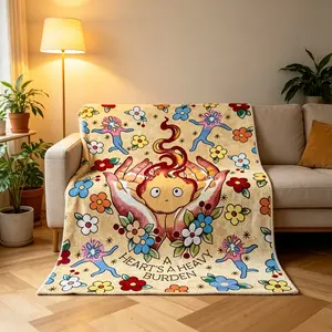 Calcifer Inspired Floral Throw Blanket, "A Heart’s A Heavy Burden" Anime Fire Spirit Cozy Sherpa, Studio Ghibli Style Gift, Cottagecore Bedroom Decor