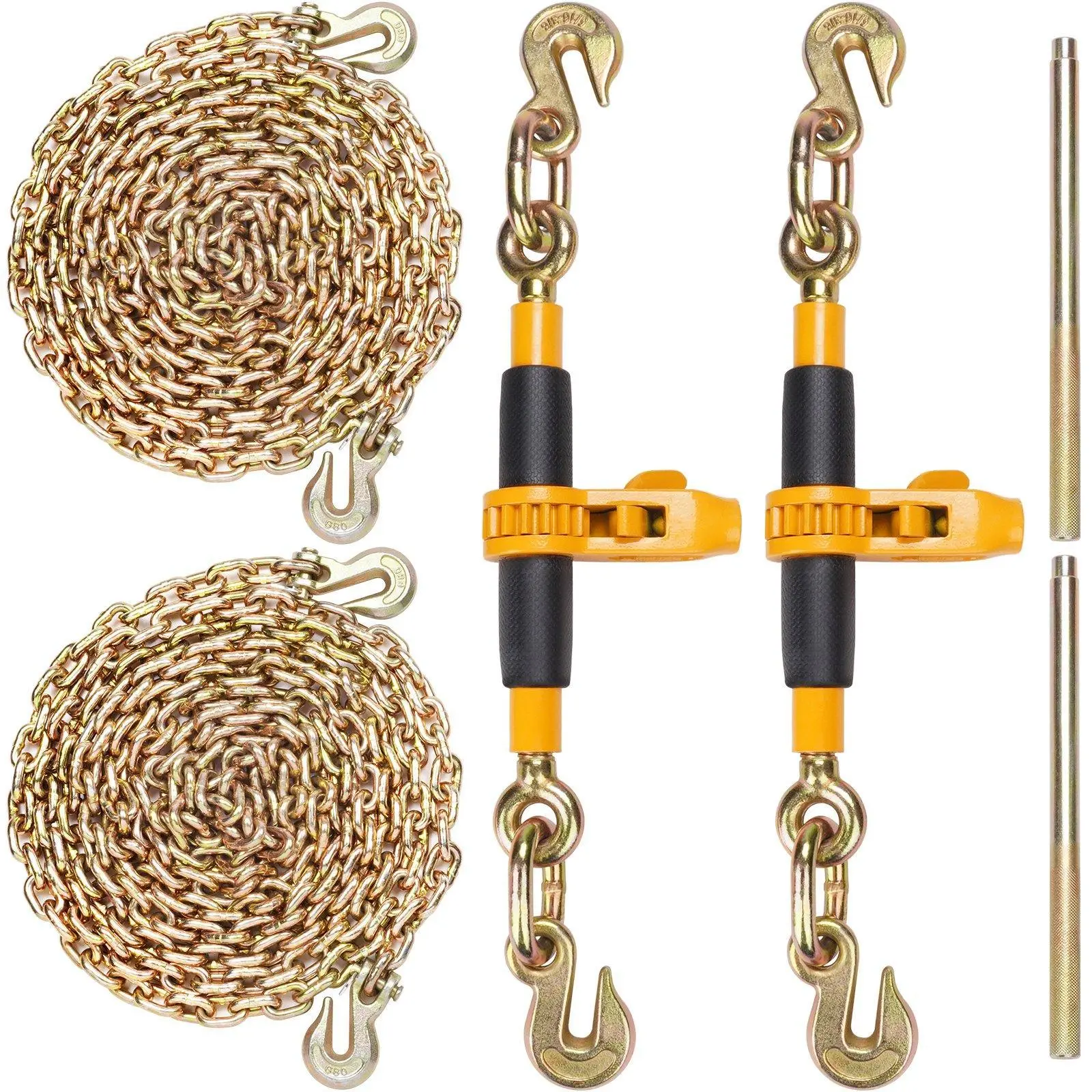 【Summerfinds】VEVOR Ratchet Chain Binder 2PCS,  3/8"-1/2" Heavy Duty Load Binders, with G80 Chains 12000 lbs Secure Load Limit, Labor-saving Anti-skid Handle, Tie Down Hauling Chain Binders for Flatbed Truck Trailer