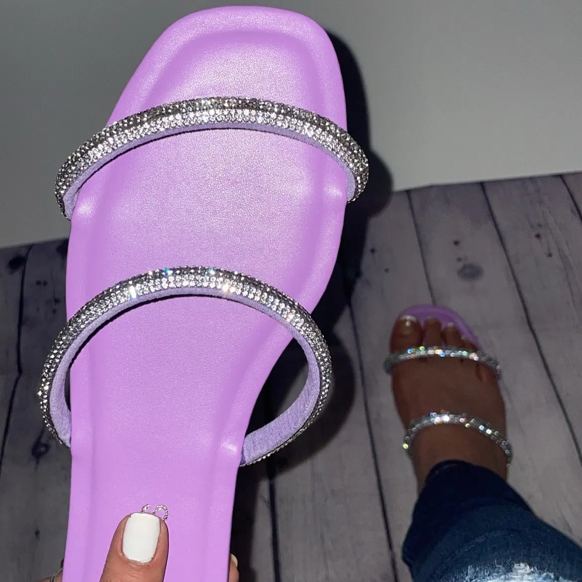 Rosie Sandal Purple Woman's Slides with Glitter Strips on Front Sparkly Design Comfortable Sandals for Women