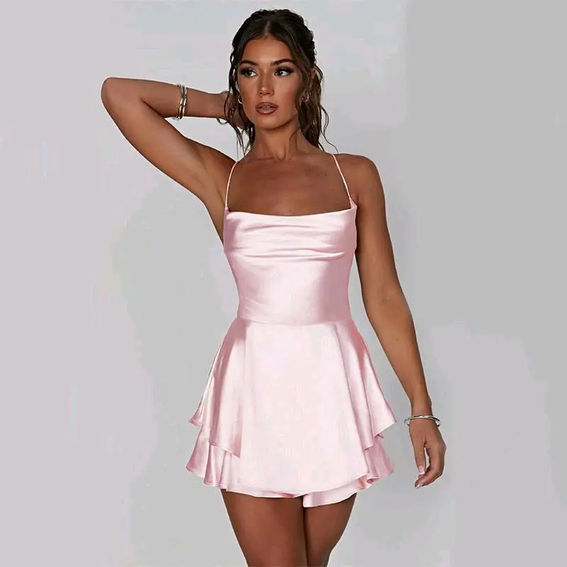Sexy Suspender Skirt For Women Elegant Slim Strap Satin Backless Lace Up A-Line Short Dress Lady Casual Clothes Sleeveless Womenswear Piece Polyester Solid Style Gamis