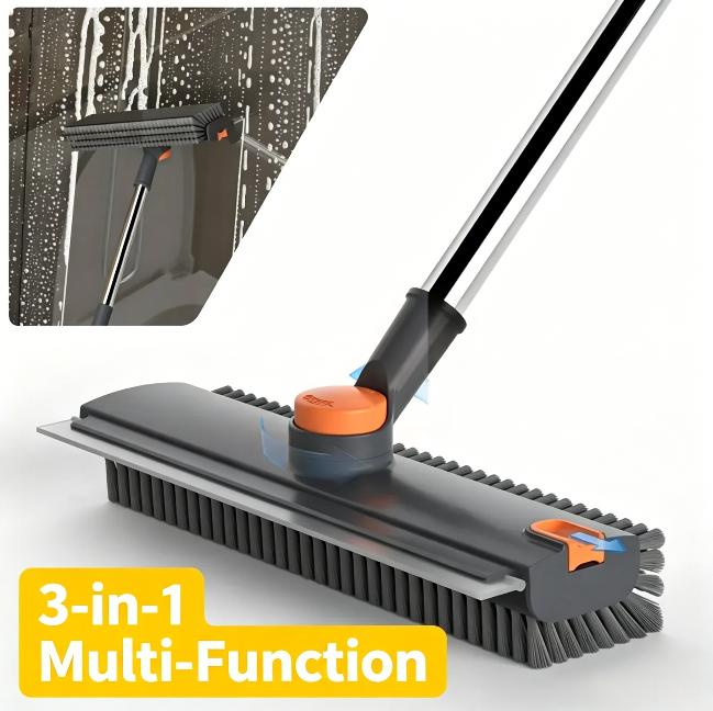 Floor scrub brush with long handle, cleaning brush, 3-in-1 scraper and heavy-duty stiff bristle scrubber brush for cleaning shower, bathroom, patio, garage, kitchen, wall, and deck