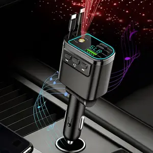 Car Wireless FM Transmitter Retractable Dual Type C Cable Car Charger Adapter Handsfree Call Car Kit Car MP3 Player with Starry Sky Light Fast Charging Phone Charger