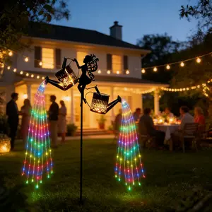 New Outdoor Solar Powered Fairy Statue Lamp, Equipped with Two Solar Hollowed Out Patterned Water Bottle Lanterns, Flowing Rainbow Waterfall Flashing Light String, Solar Powered Garden Outdoor Decorative Lamp, Solar Powered Hanging Lantern, Rose Lamp