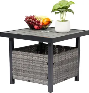 VINGLI Outdoor Side Table with Umbrella Hole Wicker Patio Umbrella Table, Wicker Side Table End Table for Balcony Porch Deck