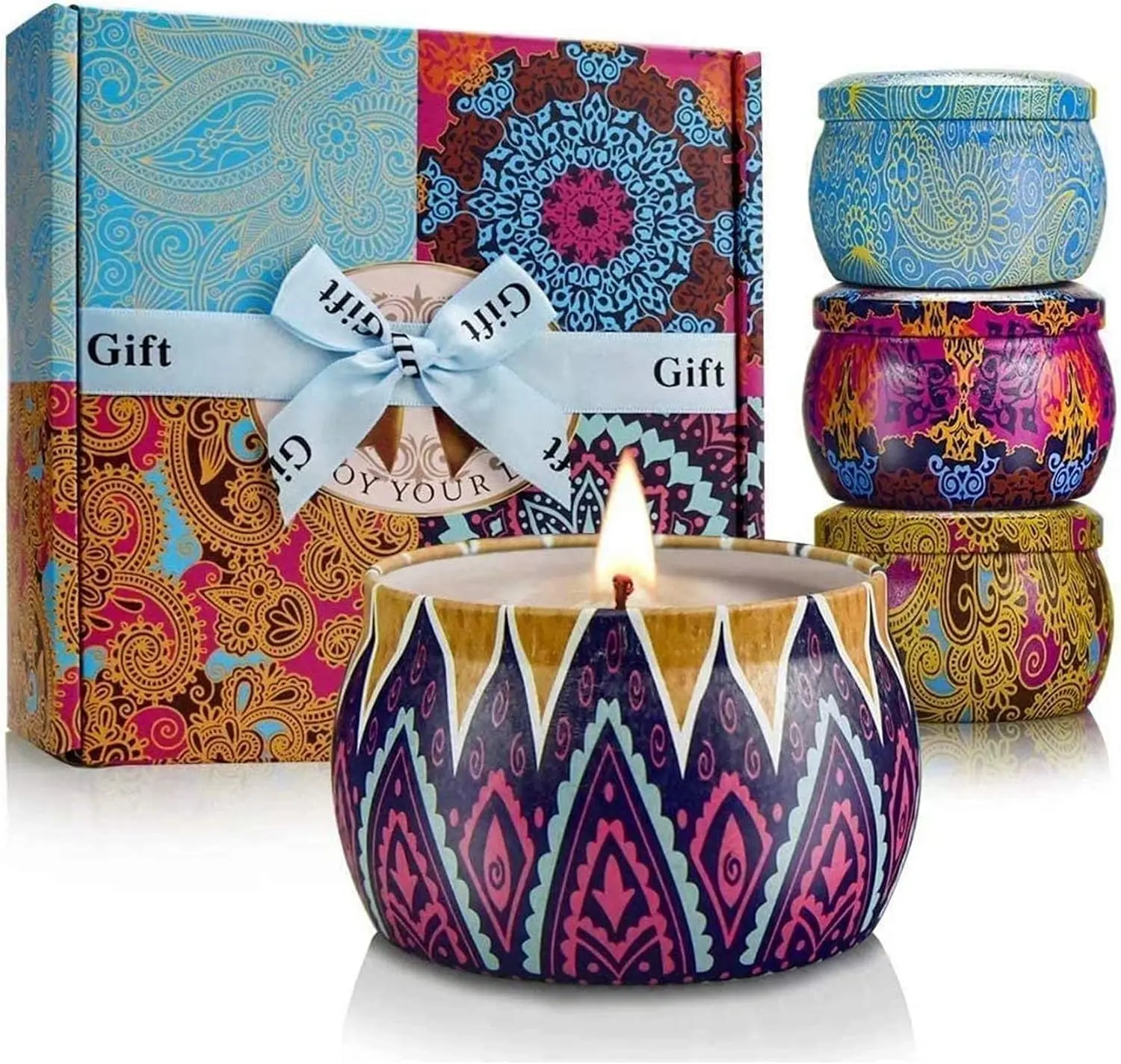 Scented Candles Gift Set for Women, 4 Pack Soy Wax Candles for Home Scented | Aromatherapy Candle Set with Classic Bohemian Tins, Stress Relief Meditation Candle, Birthday Gifts for Mom, Thank You Gifts Colorful Decor