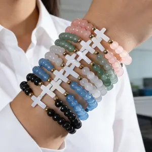 12pcs Bohemian Resin Cross Bracelets for Men Women- Multicolor Elastic Bands with Cross Charms, Daily Wear & Vacation Gift