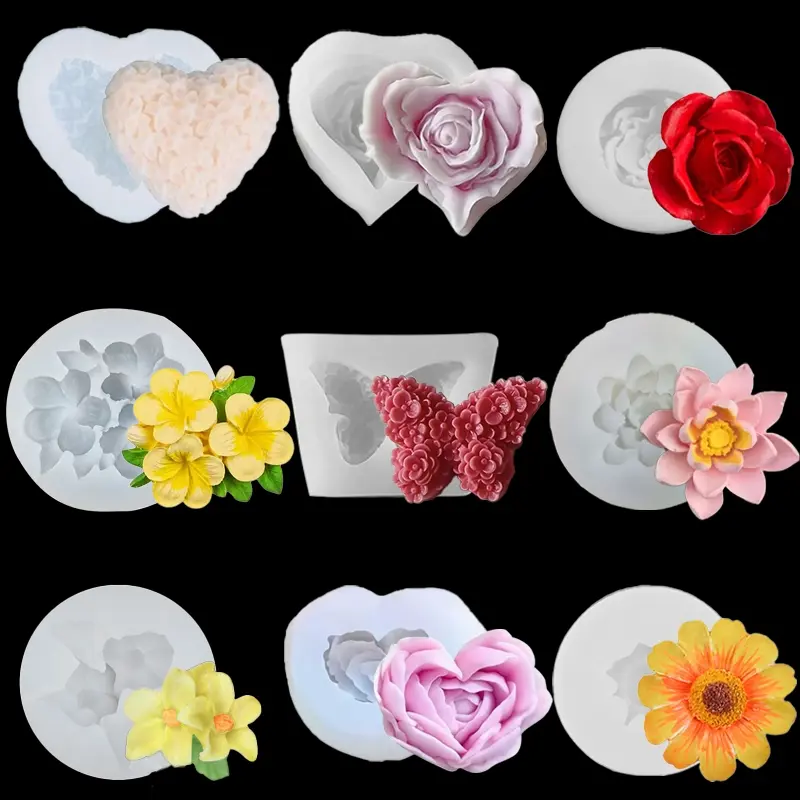 9 Piece Flower Candle Molds DIY Heart Egg Lotus Daisy Rose Flower Shape Mold Resin Drip Stone Gift Decoration Making Tool Soap Making Kit Heart Molds Silicone