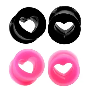 Hollow Heart Shaped Soft Silicone Flexible Double Flared Ear Tunnels Plugs Gauge Expander Stretching Earrings For Women Men Couples Love Body Jewerly Gift Black Pink 2 Pairs Set