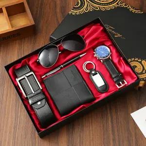 Premium Mens Fashion Set Watch Sunglasses Belt Wallet Cufflinks Valentines Birthday Gift for Boyfriend Husband Business Party birthday gifts for bf