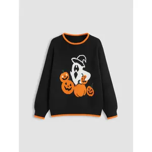 Cider [size 2-10] Knitted Round Neckline Pumpkin Ghost Contrasting Binding Long Sleeve Top