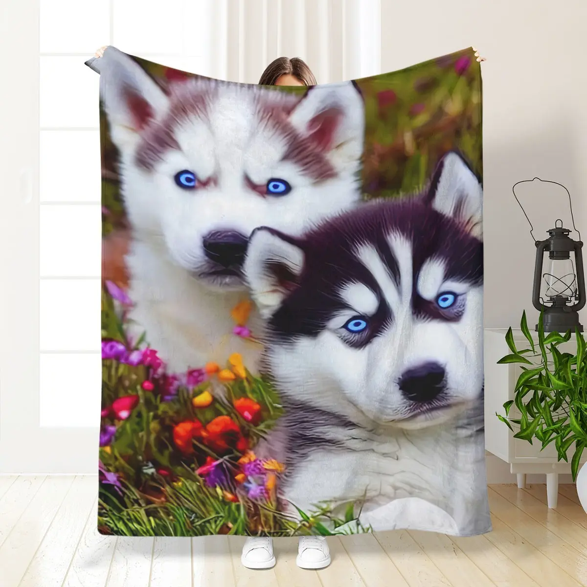 Cute Husky Pattern Blanket, Soft Flannel All-Season Throw, Comfortable Sofa Bed Home Decor, Perfect Gift, Animal Theme Design