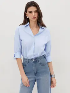 CIDER Cotton-blend Collar Roll-up Sleeve Shirt Bodysuit