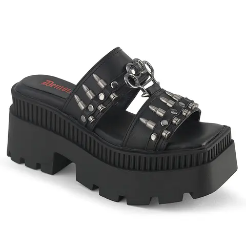 Demonia Wrath-08 Women's Black Vegan Leather Platform Footwear, 3 1/4" (83mm) Chunky Heel 2" (51mm) Slide-On Square Toe Casual Wedges with Double Straps & Decorative Bullet Bands