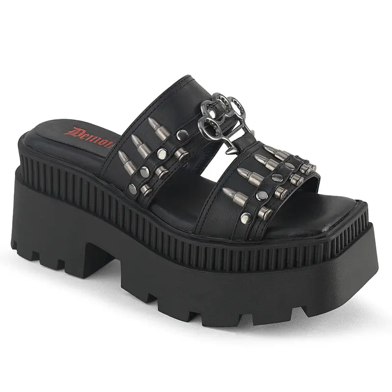 Demonia Wrath-08 Women's Black Vegan Leather Platform Footwear, 3 1/4" (83mm) Chunky Heel 2" (51mm) Slide-On Square Toe Casual Wedges with Double Straps & Decorative Bullet Bands