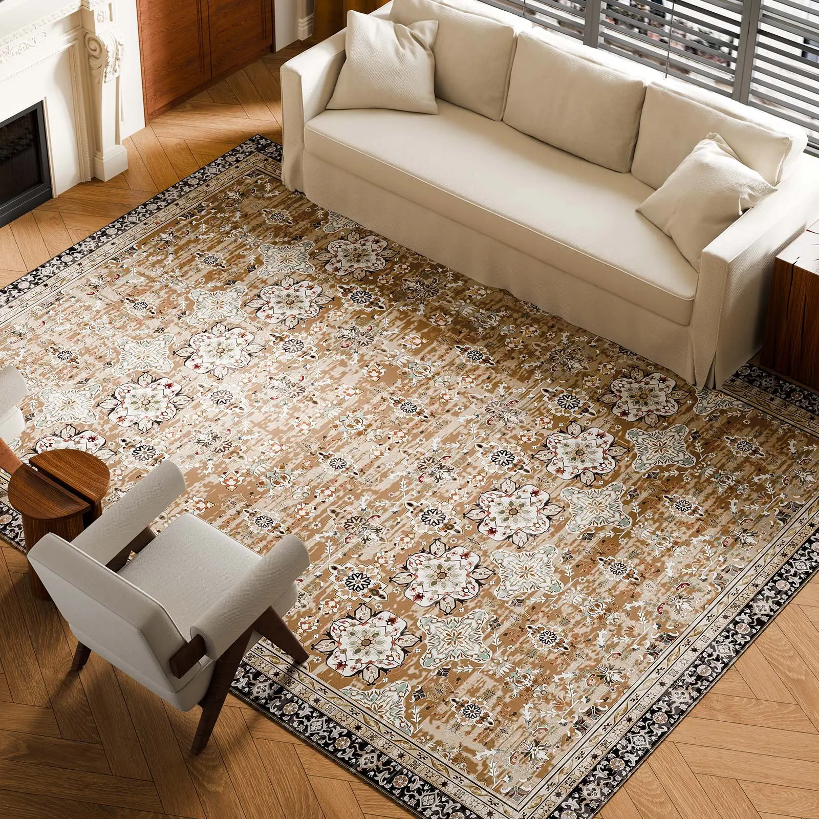 【Summerfinds】VEVOR Area Rug, 9 x 12 ft Large Washable Rug, Non-Slip and Tear-Resistant Soft Carpet, Pet & Child Friendly Vintage Area Rugs, Indoor Mat for Bedroom, Living Room, Kids Room, Office, Brown Green Home Decorative Rug