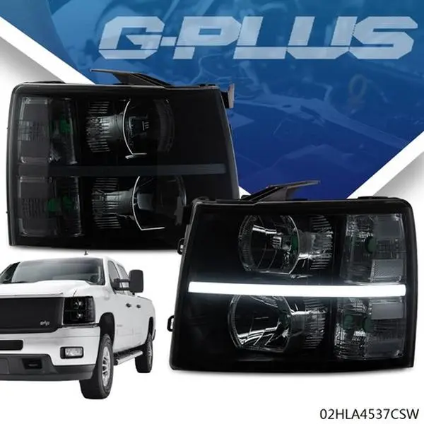 G-PLUS Projector Headlight Assemblies for 2007-2014 Chevy Silverado 1500/2500, Smoke Lens, LED DRL Strip, Carlights, Truck Lights Exterior, Car Exterior Upgrade