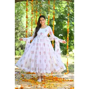 White Flower Bunch Anarkali Set