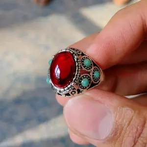 Ruby Color Stainless Gemstone Ring with Turquoise Accents Classic Design Jewelry