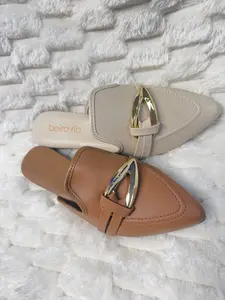 Beira Rio Women's Mule-Style Loafers in Camel Tone with Gold Metallic Detail Modern Design Pointed Toe Comfortable & Versatile