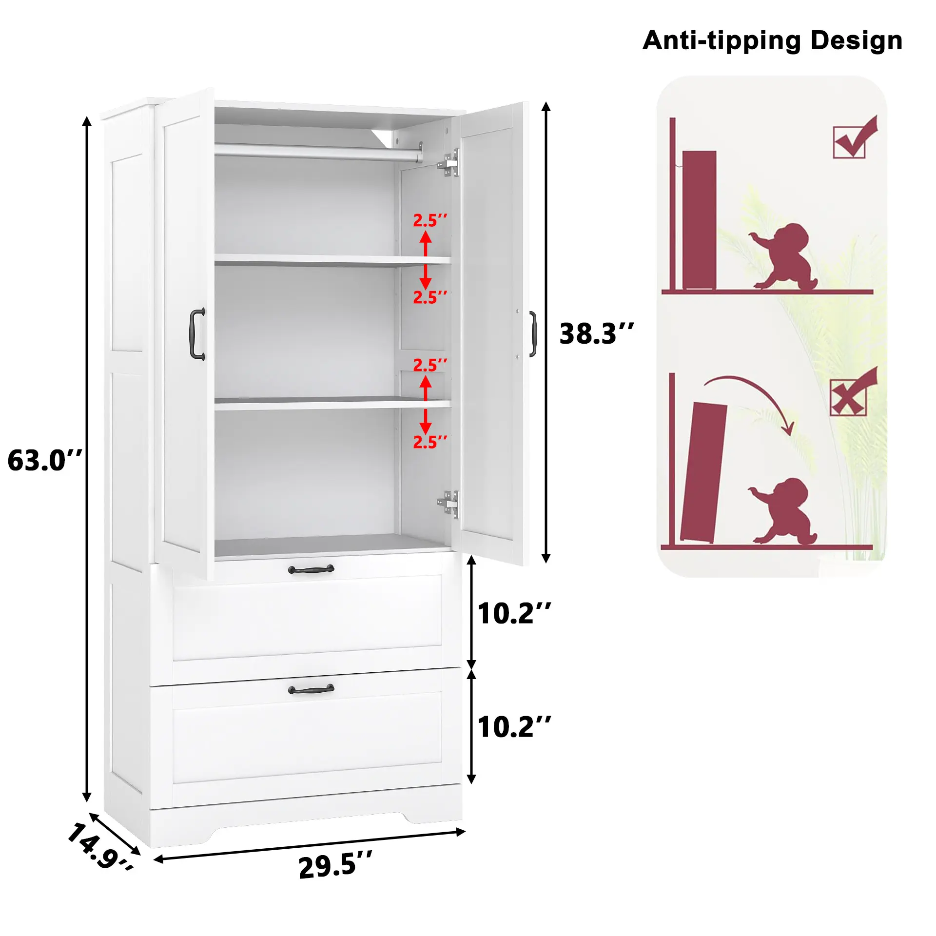 Armoire Wardrobe Closet with 2 Drawers 63" Clothing Storage Cabinet with Hanging Rod 2 Doors Wooden Wardrobe for Bedroom Large Capacity Anti-tipping Design