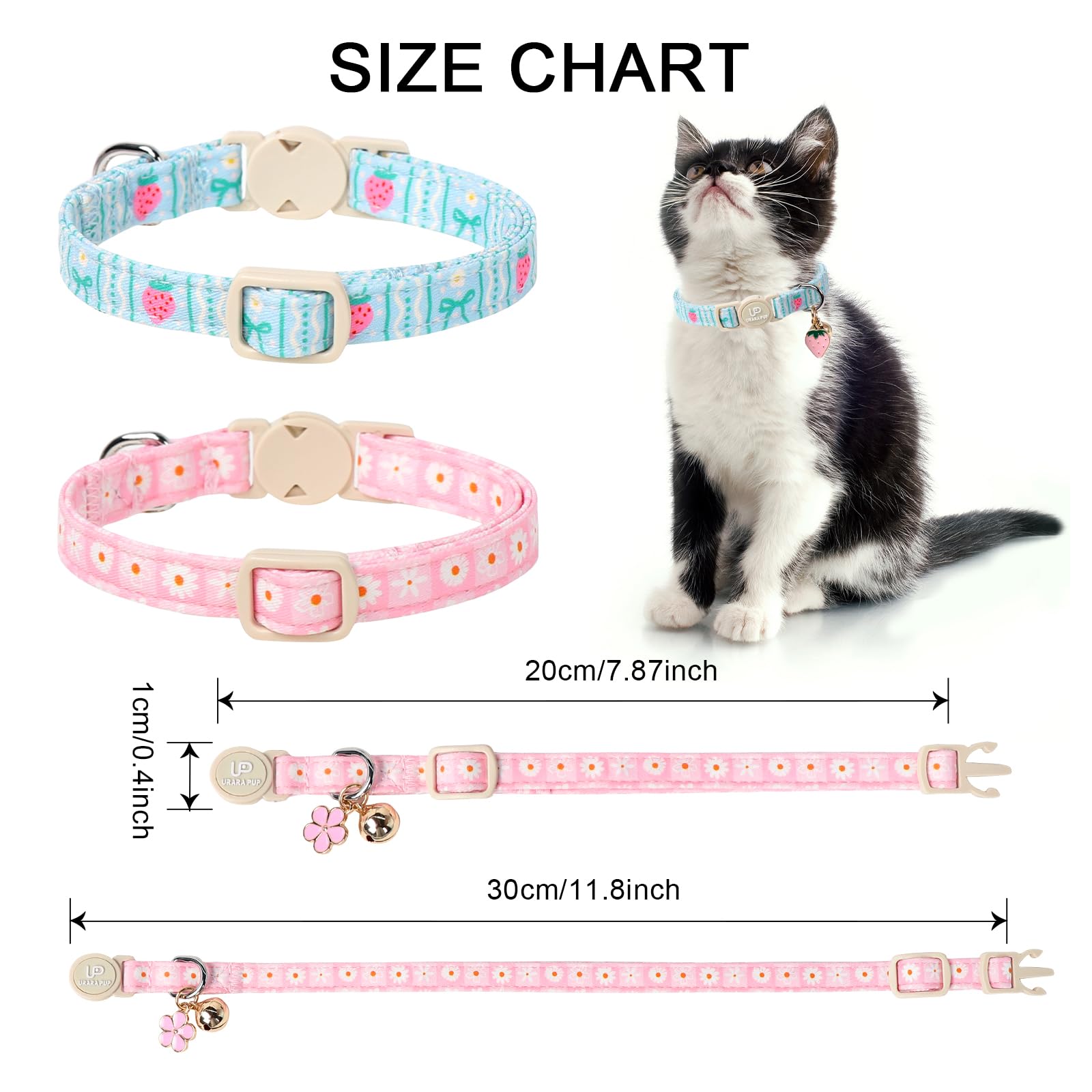 UP URARA PUP 2 Pack Breakaway Cat Collars with Bell, Adjustable Strawberry & Daisy Print Lightweight Cat Accessory for Girl Boy Cats