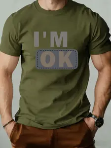 Men's Round Neck T-Shirt, Fashion I'm Ok Patch Design, Geometric Print, Retro Style, Long Sleeve, Casual Wear, Perfect Gift