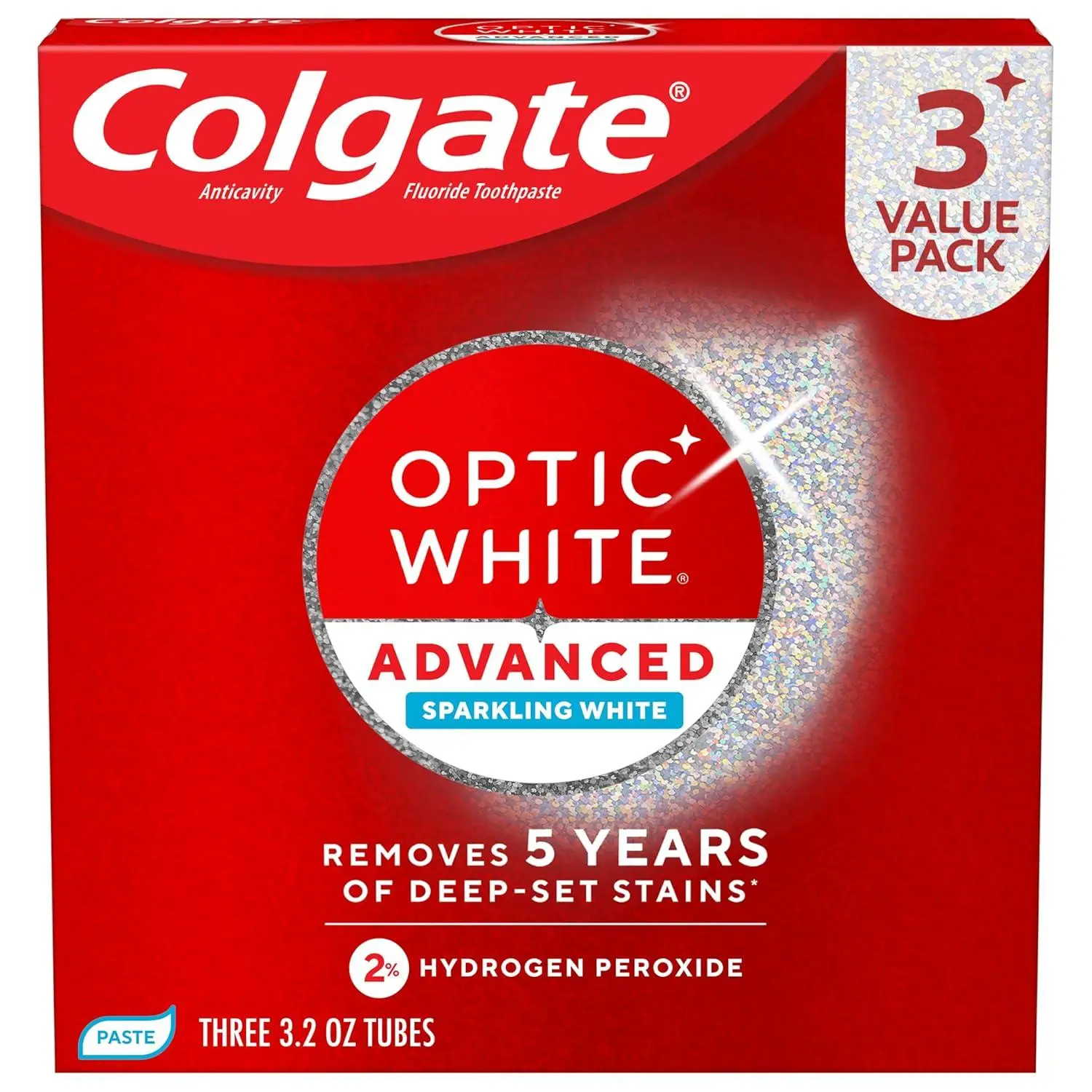 Colgate Optic White Advanced Hydrogen Peroxide Toothpaste, 3 Pack, 3.2 oz | Sparkling White, Teeth Whitening Toothpaste, Removes 5 Years of Deep-Set Coffee, Tea, and Wine Stains, Enamel Safe Formula