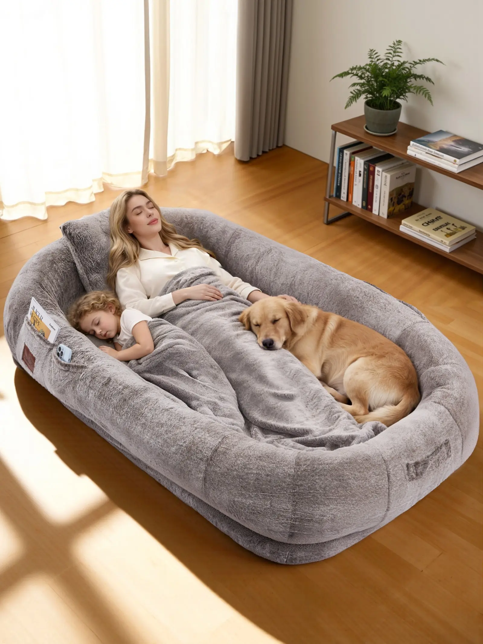Palnests Extra Large 74.8"x45"x12" Adult-Dog Shared Rest Bed, Solid Polyurethane Foam, Fluffy Durable Animal-Safe, All-Season Design Flip Flannel Warm/Cooling, Waterproof Washable Cover, Travel-Ready, Pocket Storage, Easy-Carry Handles, Grey