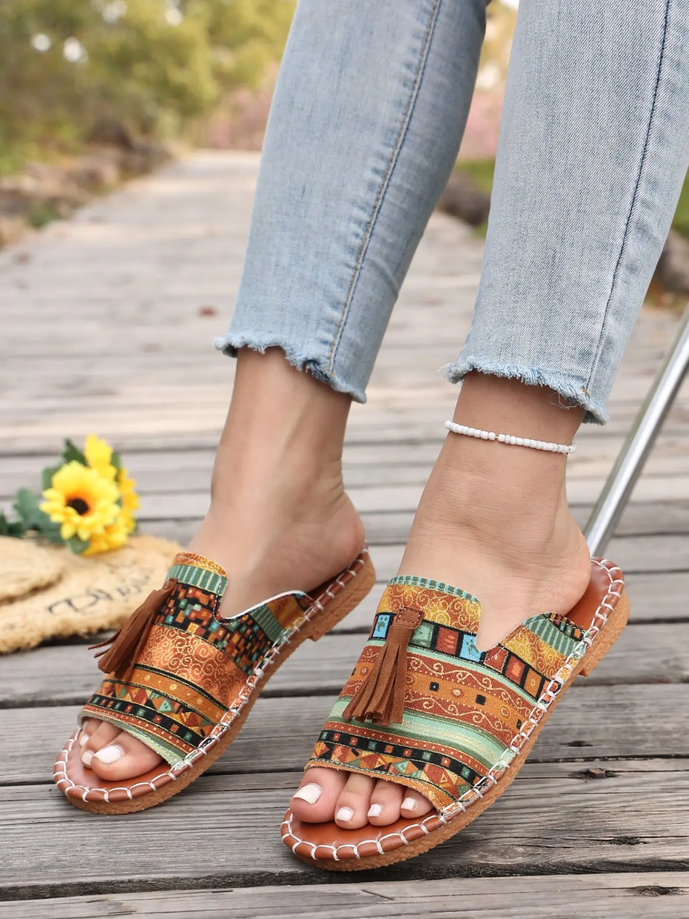 Moroccan Colorful Fringe Sandals, Flat Shoes Sandals, Comfortable Summer Footwear, Stylish Beach Shoes, Perfect for Casual, Women's Fashion Rubber