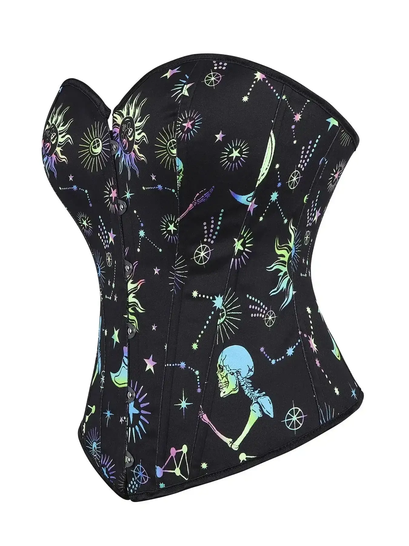Women's Skeleton Print Fishbone Corset Top, Back Tie Under Bust Tight-Fitting Bra Casual Outfit, Holiday Halloween Party Costume Nightwear Festival Style, Edgy Statement Layering Piece Club Night Out