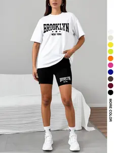 Women's Two-Piece Set    City Name Letter Print   Letter Print  Short Sleeve Round Neck Top   Printed Tight Shorts  Perfect for Commuting  Daily Wear  Outdoor Activities Casual