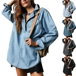 FMEYOA S To 2XL Womenswear Denim Pullover Casual Comfort Button V Neck Blouse Loose Fit Tops Longsleeves Jean Jacket With Pocket