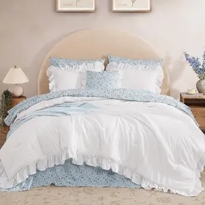 Comforter Set - 7 count Ruffle White Bedding Sets, Shabby Chic Farmhouse Bed in a Bag  with Ruffle Comforter, Floral Sheets, Pillowcases & Shams