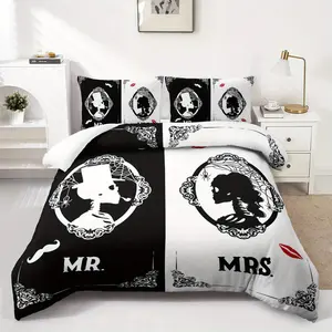 3pcs Mr & Mrs & Silhouette Decorative Bedding Set, Duvet Cover + 2 Pillowcases, Polyester, Perfect for Couple Bedrooms & Wedding Room Decor