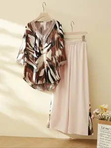 New V-Neck Geometric Pattern Straight Leg Wide-Leg Pants Set, Casual Comfortable Fitted Vacation Outfit, Women's Fashion Clothing